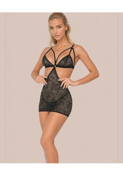 Kadın Tasarım Simli Kumaşlı Cut-out Detaylı Transparan Mini Gecel Siyah