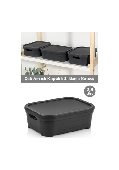 1 Adet Kapaklı Dekoratif Piramit Saklama Kutusu - Dolap Düzenleyici Organizer 2,8 Litre Antrasit Antrasit