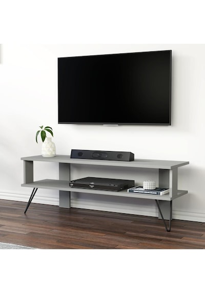 Duama TV Sehpası – Metal Ayaklı, Açık Raflı Tasarım, 120 cm, Gri