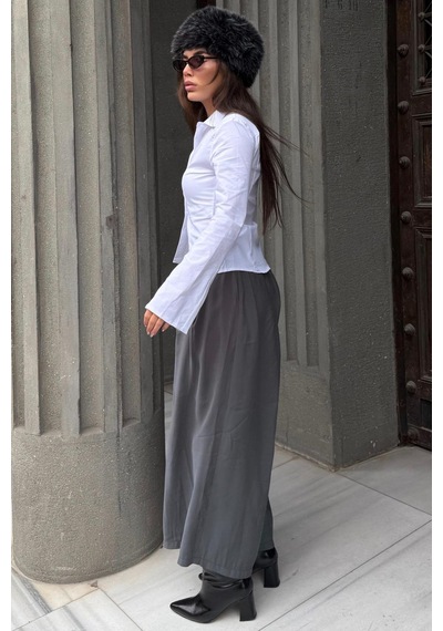 Madmext Antrasit Rahat Kesim Pileli Cepli Kadın Etek Pantolon Mg2693 Antrasit
