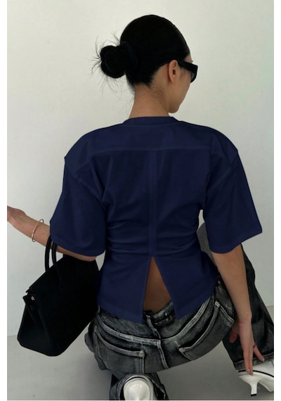 Kadın Lacivert Kısa Kollu Sırt Dekolteli Slim Fit Bluz/t-shirt Lacivert