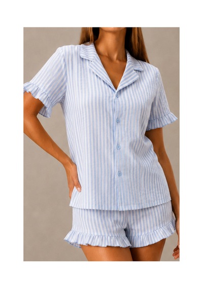 Fit Women Kadın Günlük Düğmeli V Yaka Mavi Pijama Takımı