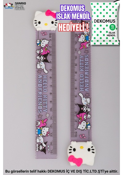 "dekomus Islak Mendil Hediyeli" Hello Kıtty "tekli" Cetvel 15 Cm Mor