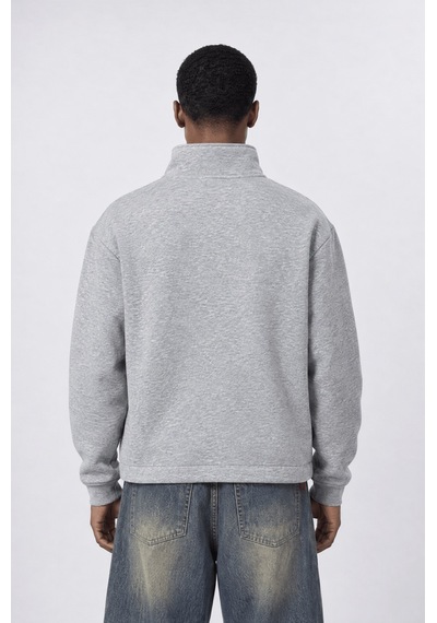 Respire Erkek Reset Baskılı Lastik Detaylı Half Zip Oversize Sweatshirt Gri Melanj