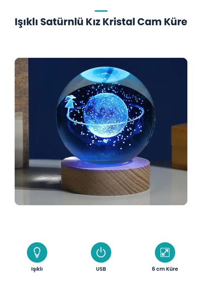Işıklı Kristal Cam Küre - Satürnlü Kız Figürlü - Ahşap Altlıklı - Usb Gece Lambası Standart