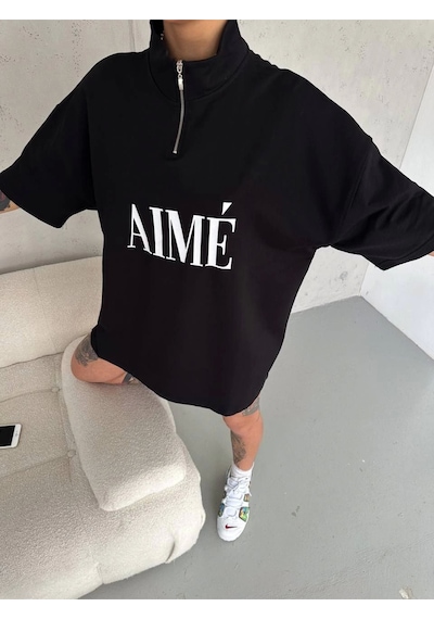 Wear Vexel Kadın Yarım Fermuarlı Tişört Baskılı T-shirt - Siyah Siyah