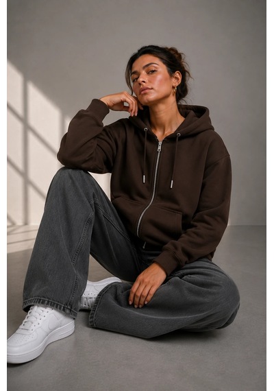 Bb Butik Basic Kadın Oversize Fermuarlı Kapüşonlu Sweatshirt Üç İplik Sweatshirt Hırka My3535 Kahverengi Bb Butik Basic Kadın Oversize Fermuarlı Kapüşonlu Sweatshirt Üç İplik Sweatshirt Hırka My3535 Kahverengi