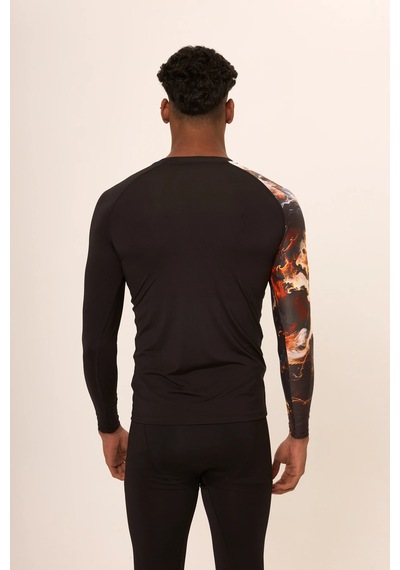 Hnc Sport Duman Erkek Uzun Kol Tek Kol Dijital Baskılı Compression Fitness Gym Spor Body Tshirt Siyah