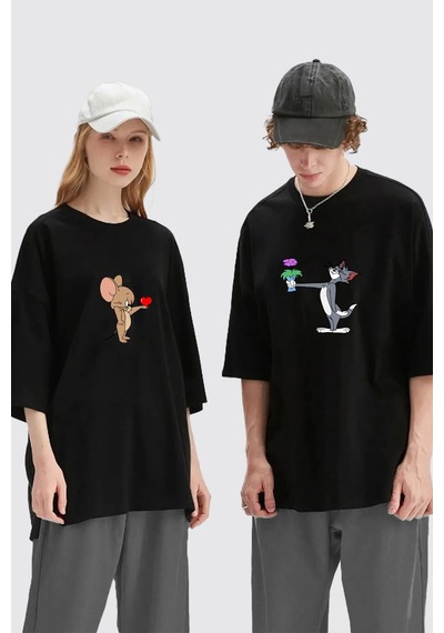 Unisex Kadın Erkek Tom Ve Jerry Baskılı Sevgili Çift Kombini Tasarım Oversize T-shirt 2'li Set Siyah Mck1958 Siyah