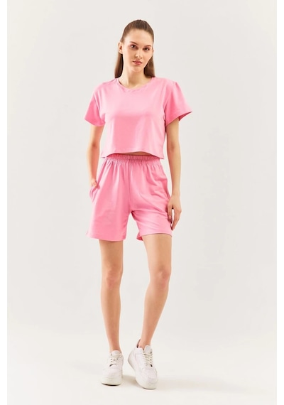 Rahat %100 Pamuklu Penye Beli Lastikli Bel Cepli Kısa Trendy Kadın Şort Pembe