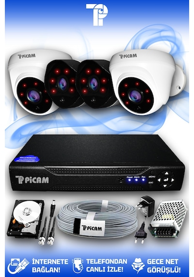 Picam 4 Kameralı Uzay 2 İç Kamera Set 500 GB HDD Full HD Gece Görüşlü Güvenlik Kamerası Sistemi