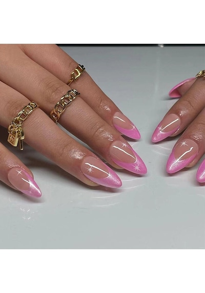 Pembe French Simli Badem Takma Tırnak Seti 24 Adet