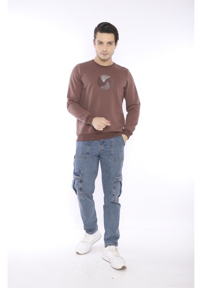 Escetic Erkek Spor Slimfit, Bisiklet Yaka Kahve Sweatshirt-4262 Kahverengi