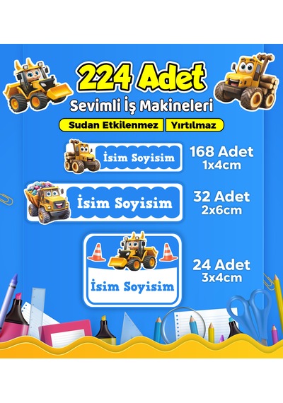 İş Makineleri Temalı Okul Kreş Kişiye Özel İsim Etiket Seti - Model 551 Çok Renkli