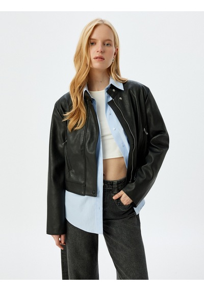 Koton Fermuarlı Cepli Dik Yaka Crop Suni Deri Ceket Siyah 5wak20091ew Siyah