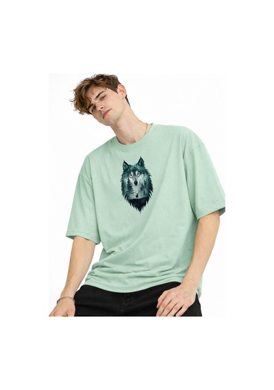 Misa Tahtakale Wolf - Oversize Erkek Tişört Su Yesılı Çok Renkli