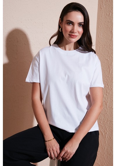 Lela Pamuklu Oversize Fit Bisiklet Yaka Bayan T Shirt 5866097 Ekru
