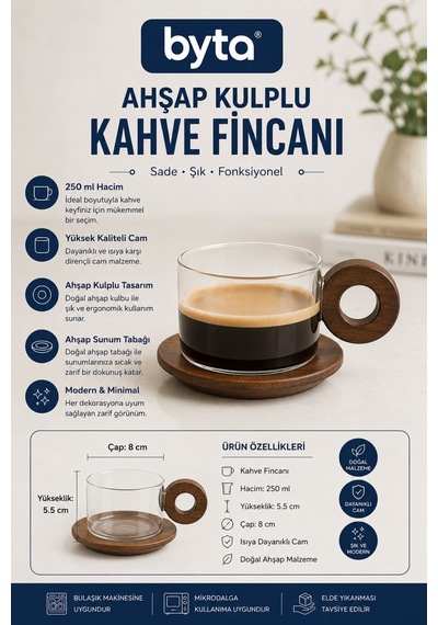 Ahşap Kulplu Cam Kahve Fincanı 250 Ml Ahşap Tabaklı Isıya Dayanıklı Tekli Cam Fincan Şeffaf