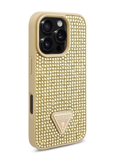 Apple Uyumlu iPhone 16 Pro Max Kılıf Guess Lisanslı Üçgen Logolu Taşlı Kapak Gold