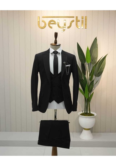 Beystil Sivri Yaka Siyah Takım Elbise Petek04 - Slim Fit Siyah