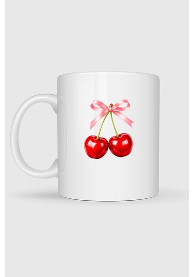 Cherry Kiraz Ve Kurdale Tasarımlı Kupa Bardak Beyaz