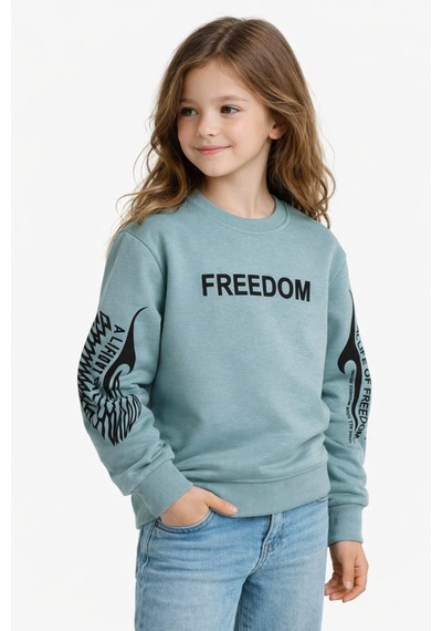 Kız Çocuk Kol Baskılı Sweatshirt Bgl-st05272 Açık Yeşil