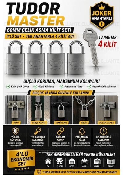 Master 4'lü 60 Mm Joker Anahtarlı Çelik Asma Kilit Seti - Tek Anahtarla 4 Kilit Açılır - Kısa Kancal