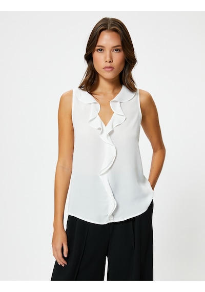 Koton Kolsuz Bluz V Yaka Fırfırlı Regular Fit Kırık Beyaz 4sak60014uw 4SAK60014UW001 Ekru