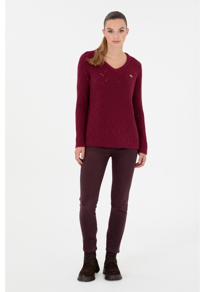 U.S. Polo Assn. Kadın Vişne V Yaka Kazak 50297399-VR223