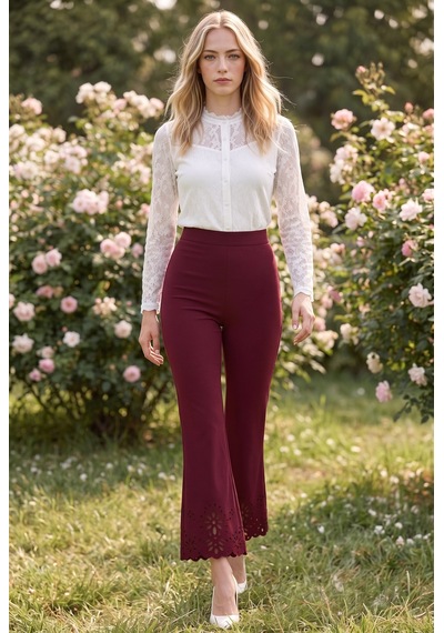 Soulshae Lazer Kesim Detaylı Yüksek Bel Krep Pantolon Bordo