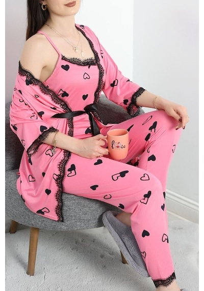 Seka Store Seka Milan Kumaş 3'lü Pijama Set Pembesiyah - 50147.1857. Çok Renkli Seka Store Seka Milan Kumaş 3'lü Pijama Set Pembesiyah - 50147.1857. Çok Renkli