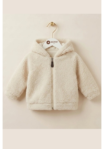 Wofim Kids Bebek Kapüşonlu Peluş Mont Ekru