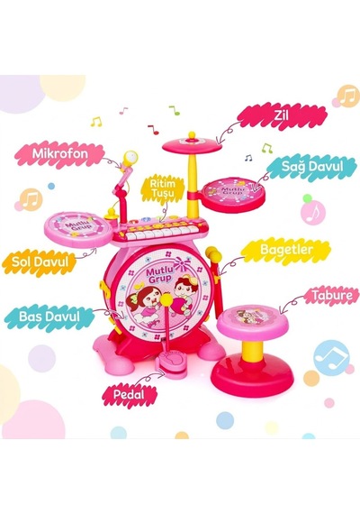Bateri Seti Piyanolu Işıklı - Mikrofonlu, Tabureli Ve Mp3 Bağlantılı Çocuk Müzik Eğitim Seti