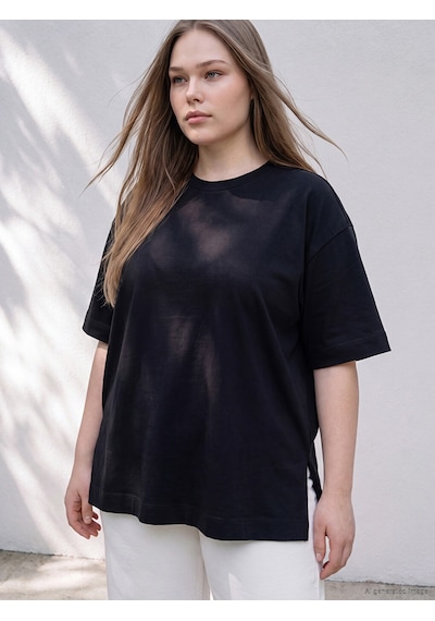 Lcw Curve Siyah Büyük Beden %100 Pamuklu Oversize Kadın Tişört