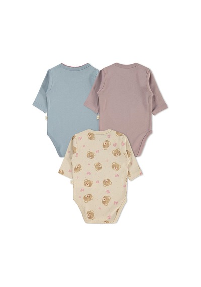 Civil Baby 3 Lü Ayıcık Empirmeli Uzun Kol 0-36 Ay Çıtçıtlı Badi - Bej Taş Rengi