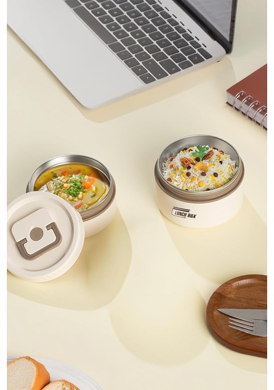 Isı Yalıtımlı Çanta Paslanmaz Çelik Vakumlu Yemek Termosu Beslenme Kutusu Lunch Box Sefer Tası Bej Diğer