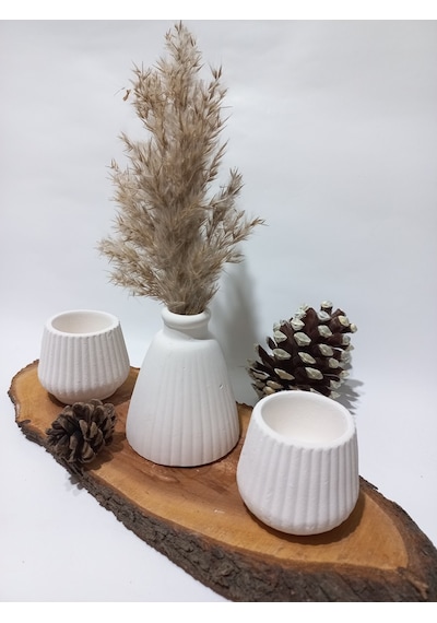 Pampas Vazolu Tabaklı İkili Tealight Mumluk Set Beyaz