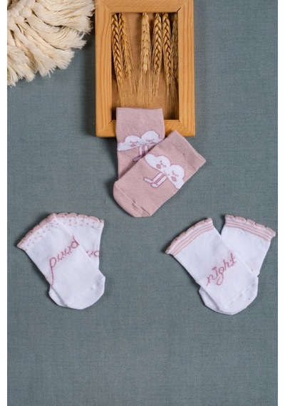 Cocole Socks Kız Bebek Soket Çorabı 3 Lü Set Pamuklu Gül Kurusu İyi Geceler & Bulut Desenli Çok Renkli
