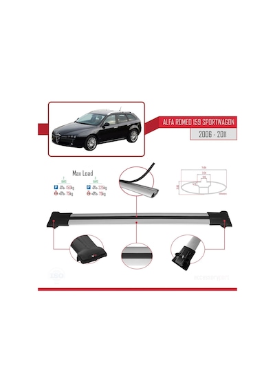 Alfa Romeo 159 Sportwagon 2006-2011 Arası İle Uyumlu Fly Model Ara Atkı Tavan Barı Gri