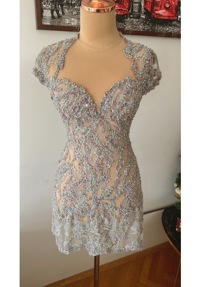 Chica Rosa Fashion Lily Dantel İnci Taş İşlemeli Kısa Elbise