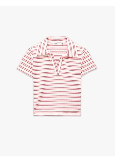 Koton Slim Fit Viskon Karışımlı Kısa Kollu Çizgili Polo Yaka Tişört Ekru Çizgili 6sak50458ek