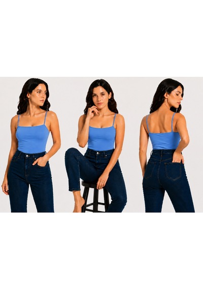 İngegno Body İp Askılı Model Örme Ring Kumaş Viskon Kadın Body Mavi