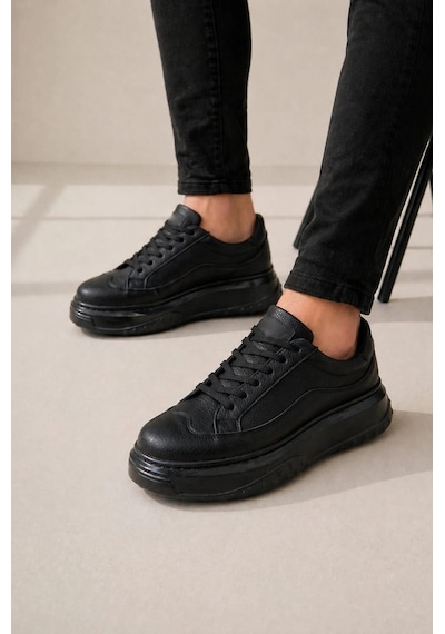 Mevese Ventoy Erkek Bağcıklı Cilt Günlük Sneaker Ayakkabı Siyah