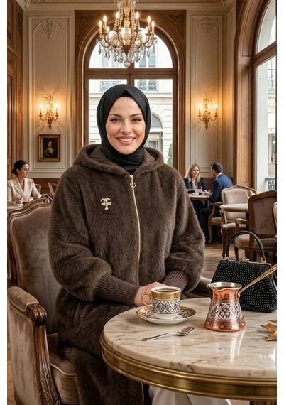 Hb Harma Time Butik Kadın Fermuarlı Kapüşonlu Angora Kahverengi Kürk Kaban