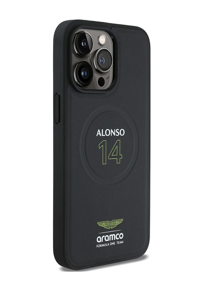 Apple Uyumlu iPhone 15 Pro Max Kılıf Aston Martin Lisanslı Magsafe Pu Deri Alonso 14 Baskılı Kapak Siyah