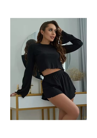 Elmoda Siyah Fitilli Crop Şort İkili Takım Ev Giyim Seti Siyah Siyah