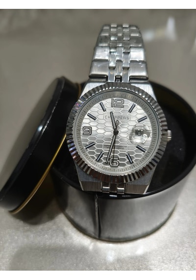 Analog Quartz Makina Metal Erkek Kol Saati Beyaz Kadran Su Geçirmez Altın - Gümüş