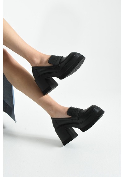Dabab Shoes Loftıa Kadın Siyah Cilt Chunky Topuklu Loafer Siyah - Siyah