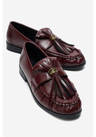 Luvi Shoes Marston Bordo Kırışık Rugan Püsküllü Kadın Loafer Ayakkabı