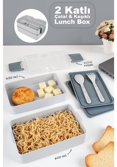 2 Katlı Kilitli Beslenme Kabı - Kendinden Çatal Kaşıklı Lunch Box Beslenme Kutusu Saklama Kabı Gri